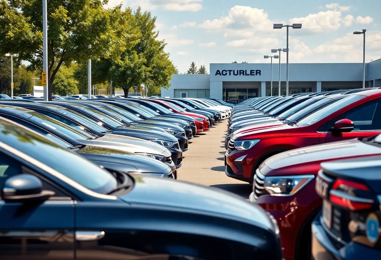 Exterior view of a large automotive dealership with various car brands.