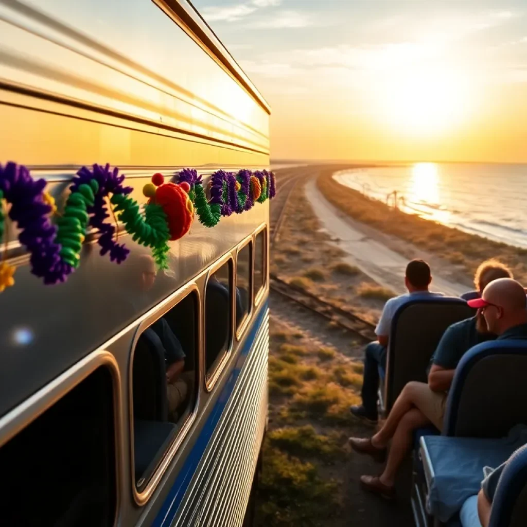 Amtrak train in festive Mardi Gras theme traveling along the coast
