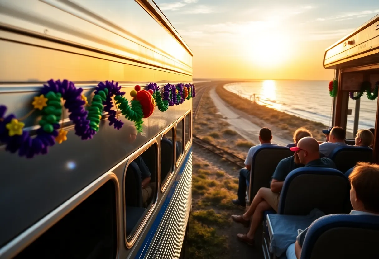 Amtrak train in festive Mardi Gras theme traveling along the coast