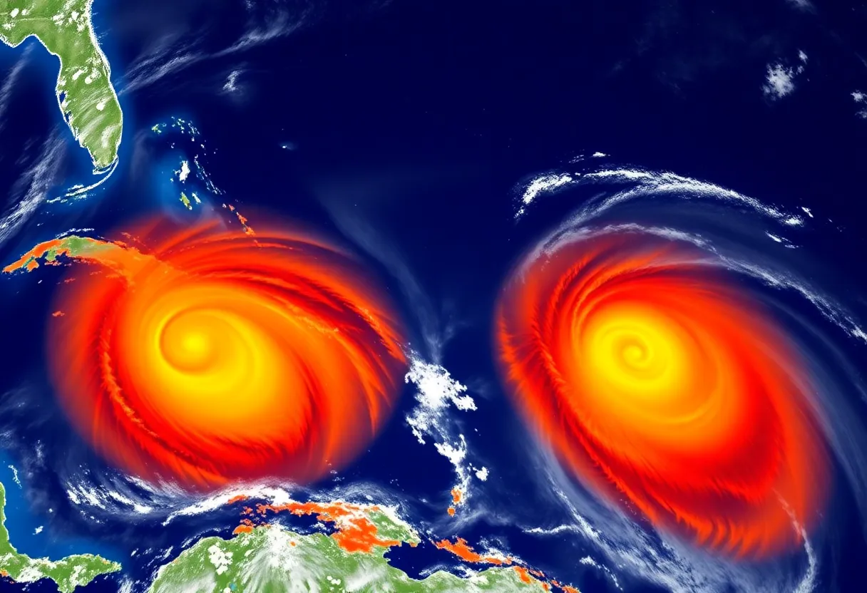 Satellite view of two weather systems in the Atlantic Ocean