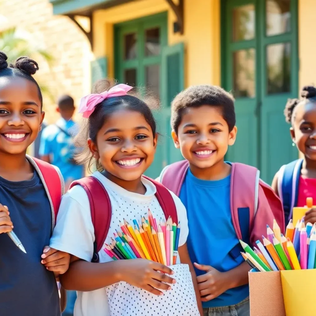Students and school supplies ready for the new school year in New Orleans.