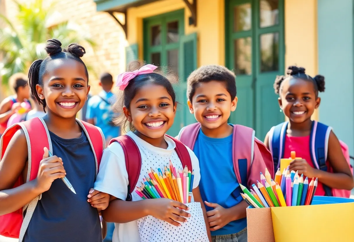 Students and school supplies ready for the new school year in New Orleans.