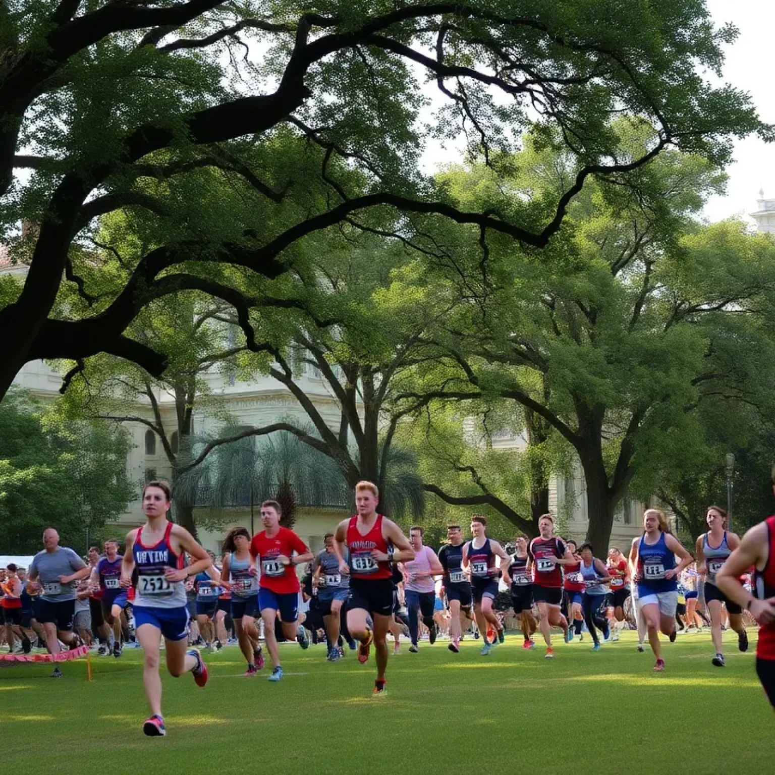 Athletes competing in the Battle of New Orleans cross country race in a scenic outdoor setting