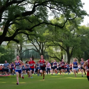 Athletes competing in the Battle of New Orleans cross country race in a scenic outdoor setting