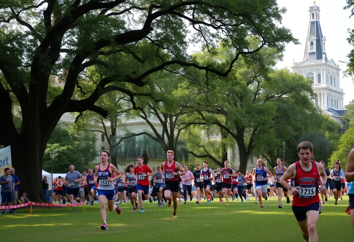 Athletes competing in the Battle of New Orleans cross country race in a scenic outdoor setting