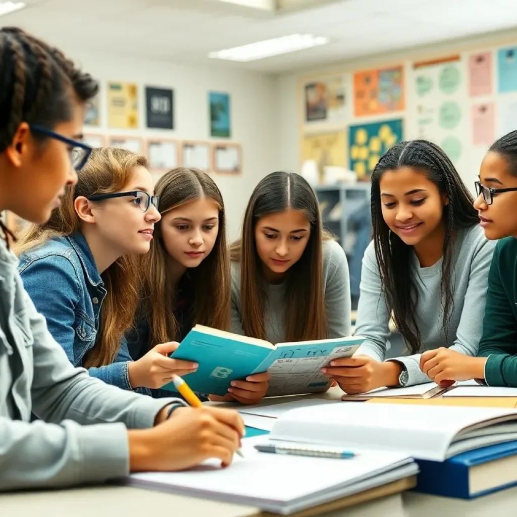 Diverse students collaborating in a classroom at Benjamin Franklin High School