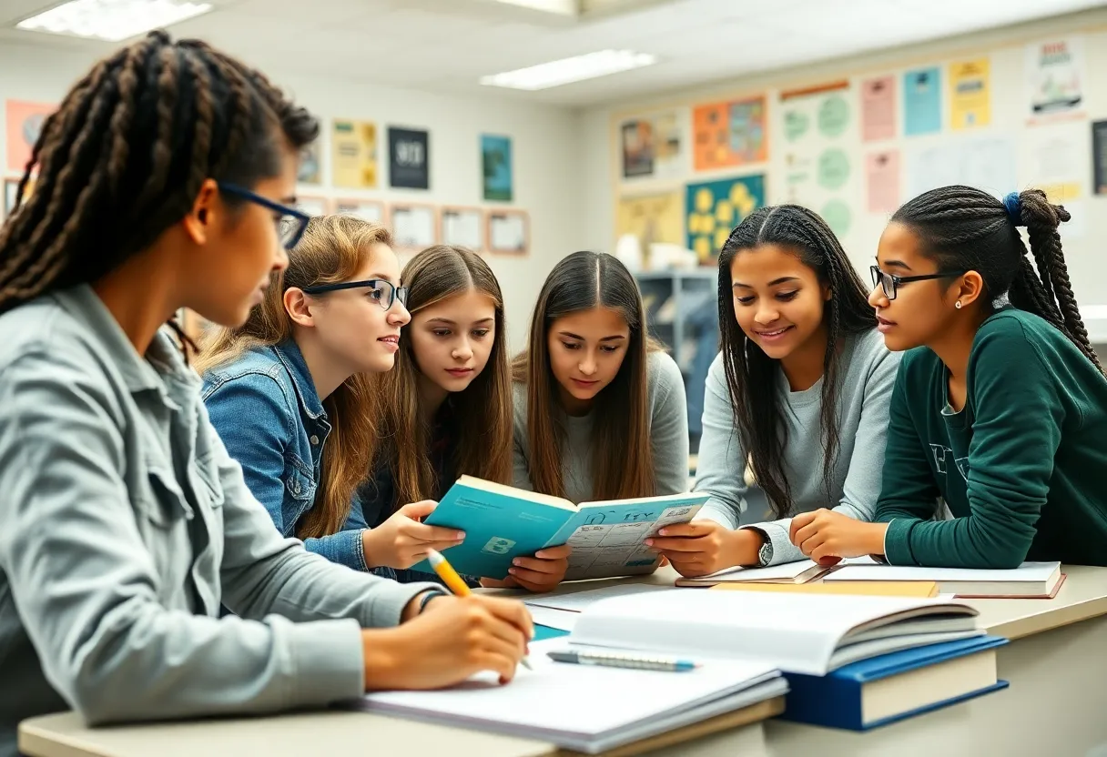 Diverse students collaborating in a classroom at Benjamin Franklin High School
