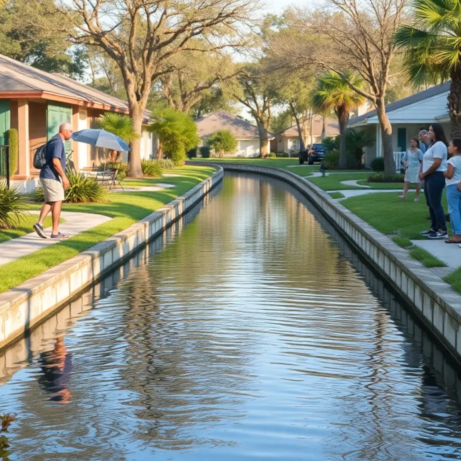 Residents gathered by a canal in New Orleans