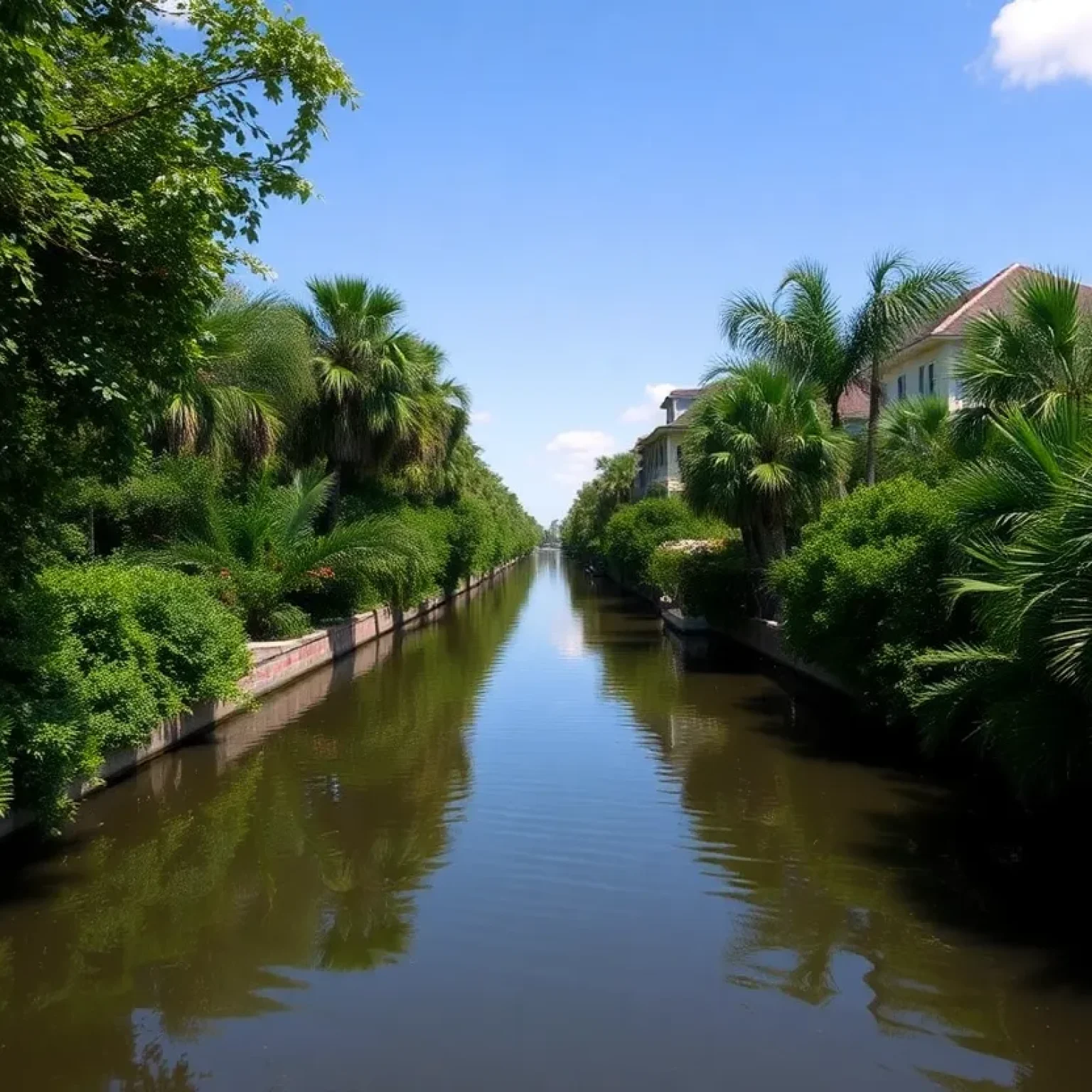 A serene canal in New Orleans East surrounded by greenery.