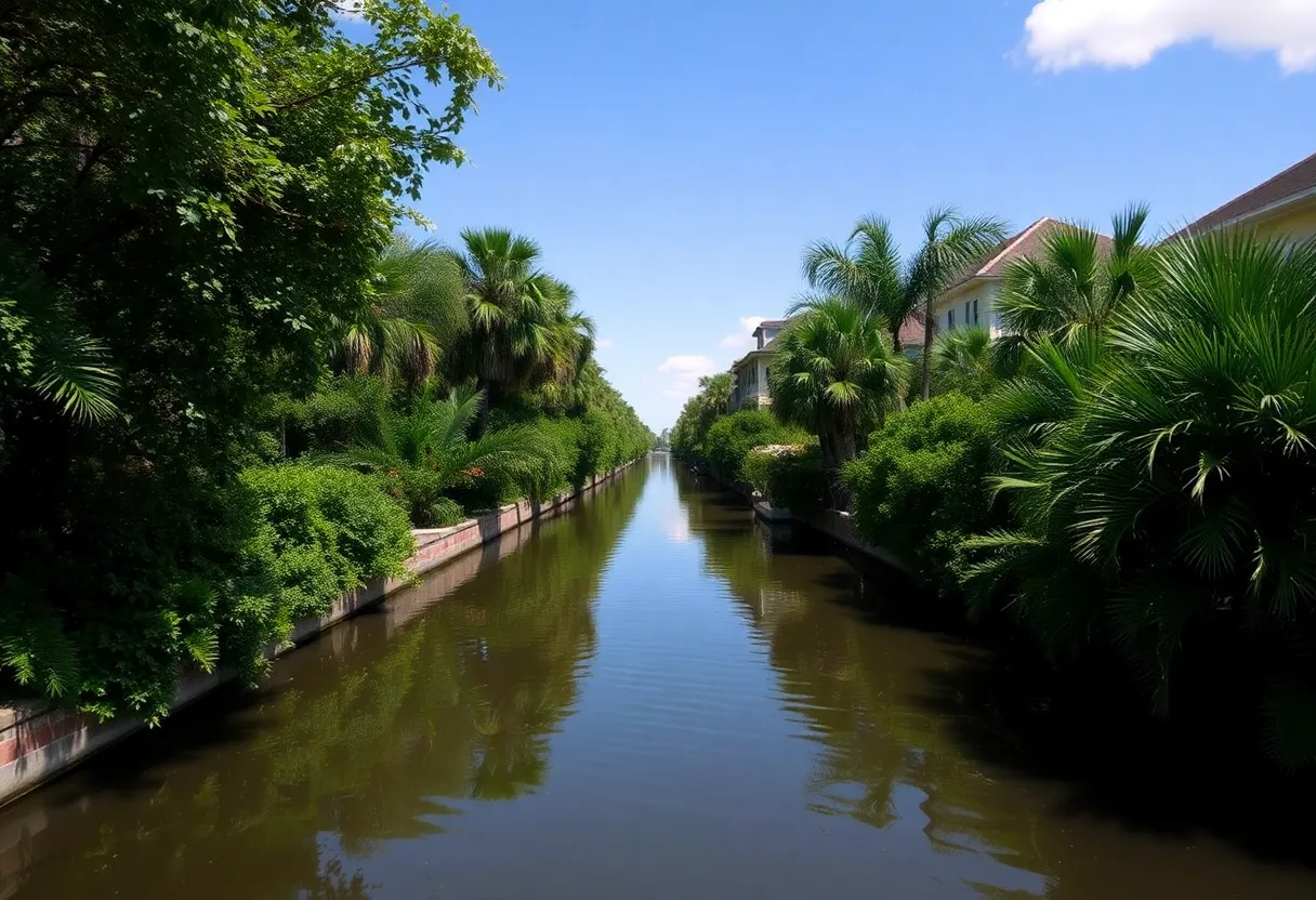 A serene canal in New Orleans East surrounded by greenery.