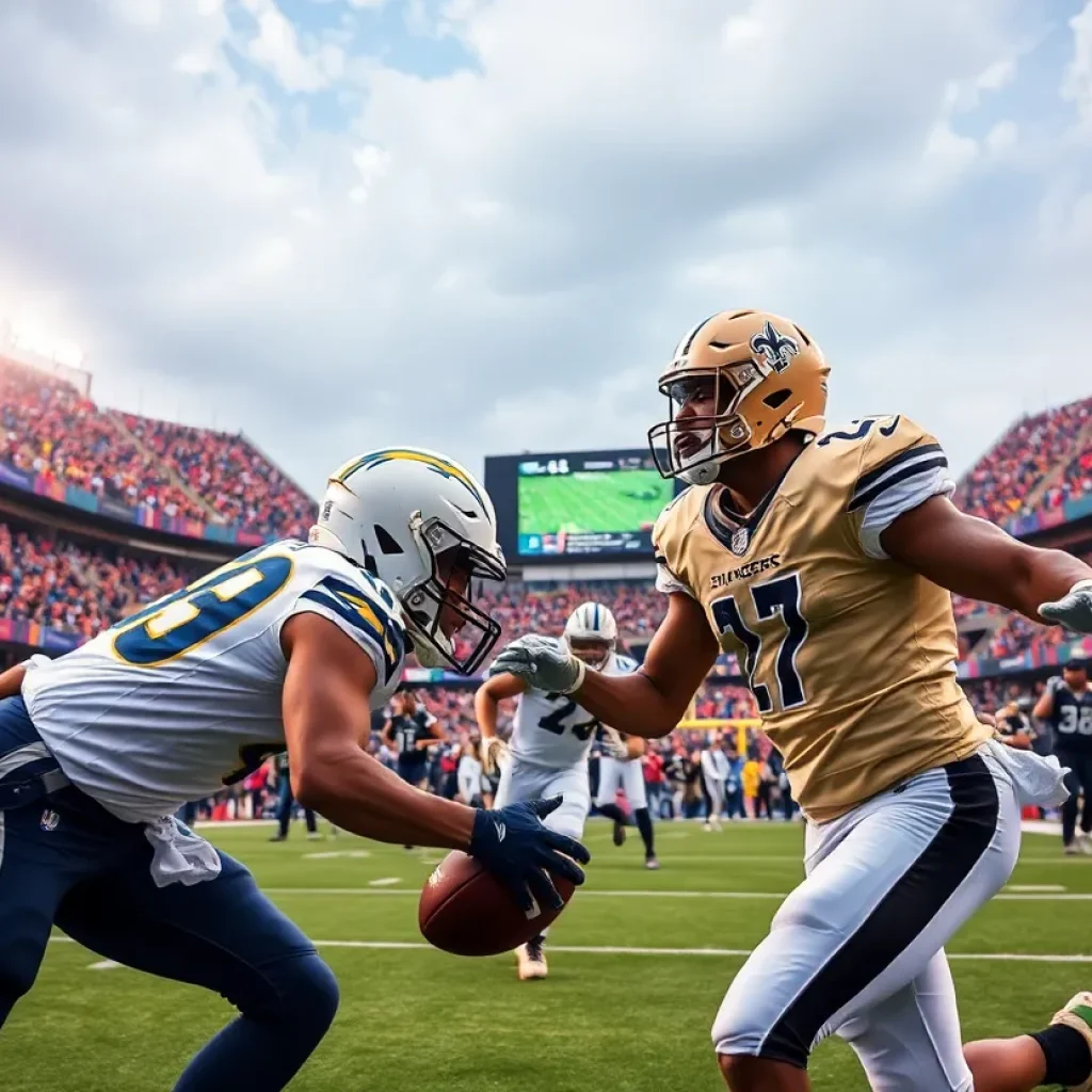 Football players from the Chargers and Saints battling on the field during a preseason game.