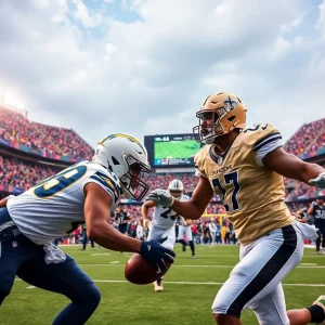 Football players from the Chargers and Saints battling on the field during a preseason game.