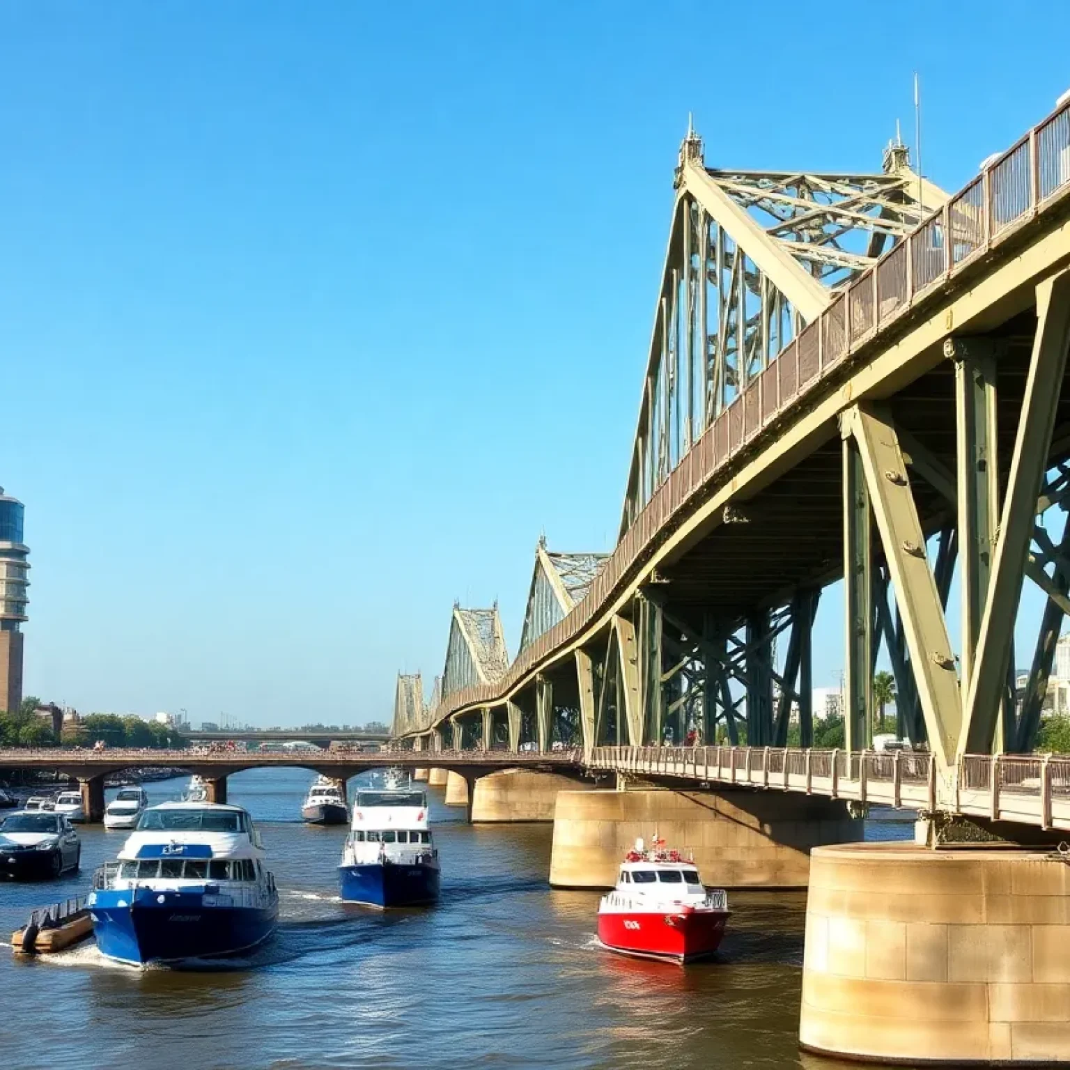 Claiborne Avenue bridge in New Orleans with vehicles and boats