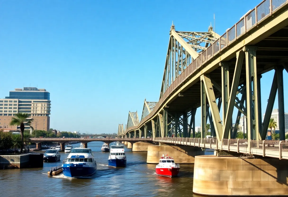 Claiborne Avenue bridge in New Orleans with vehicles and boats