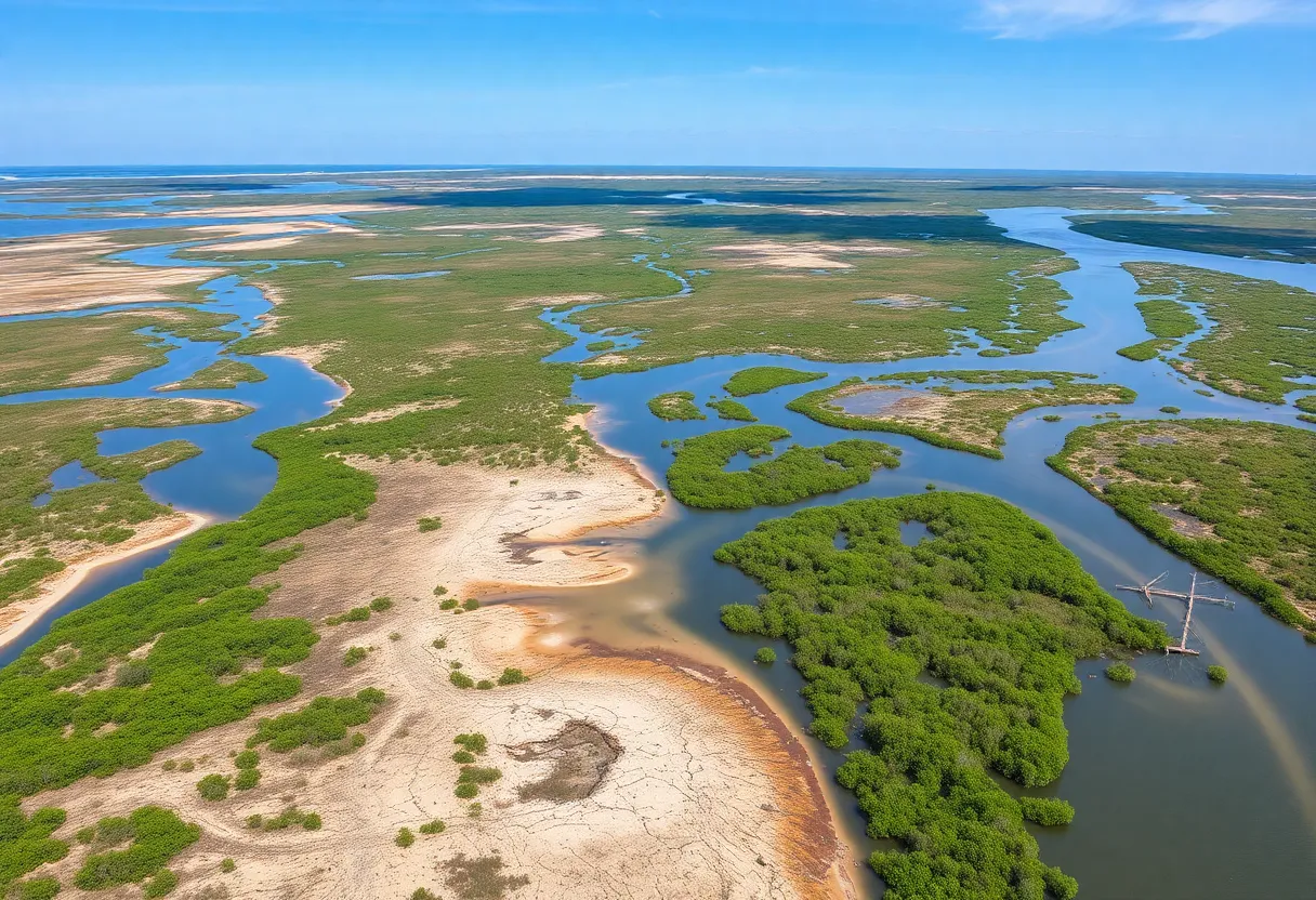 Eroded coastline in Louisiana showcasing environmental changes.