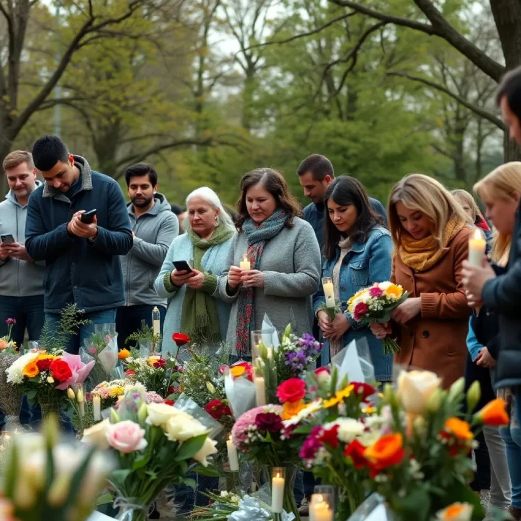 Community members gather in remembrance of a lost child with candles and flowers.