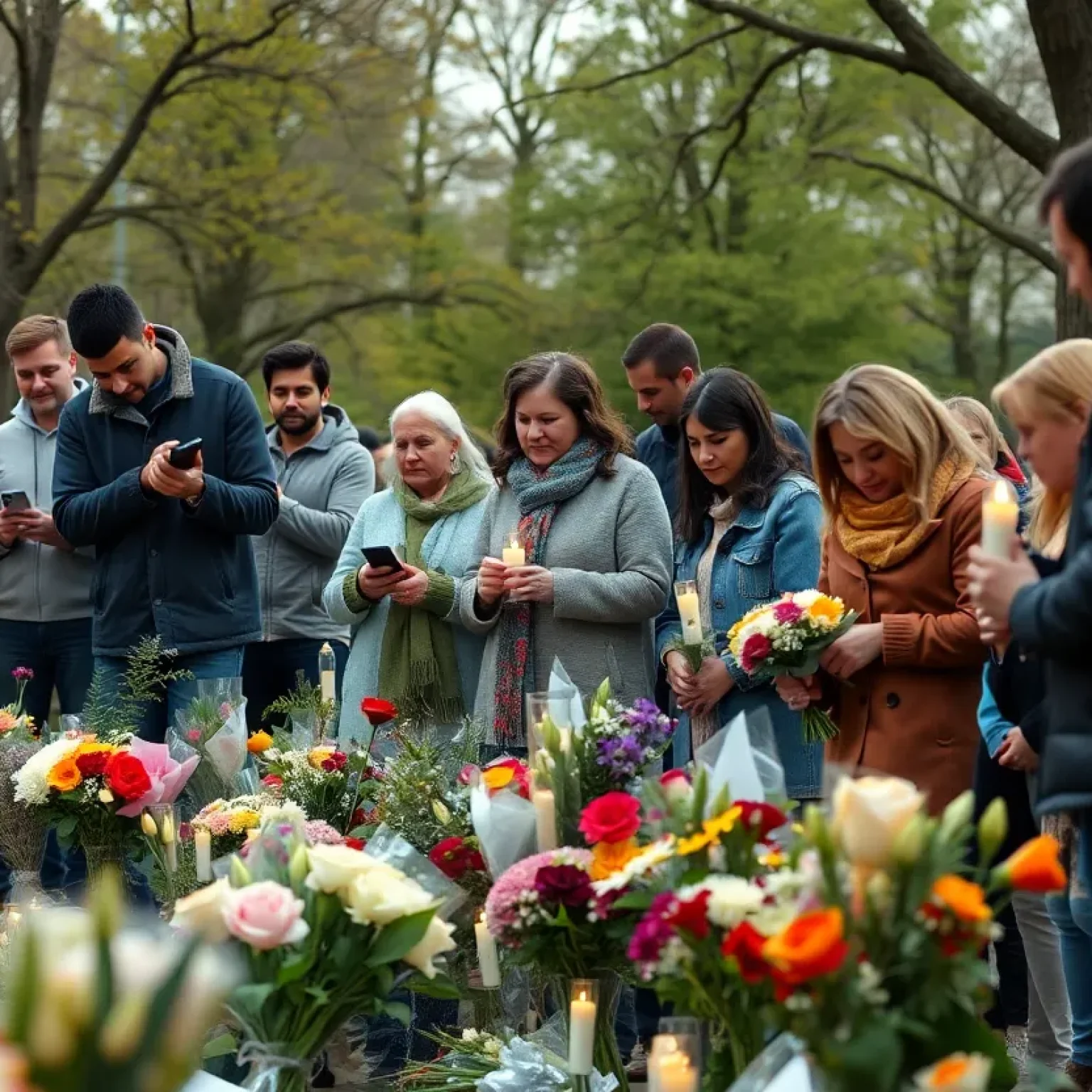 Community members gather in remembrance of a lost child with candles and flowers.