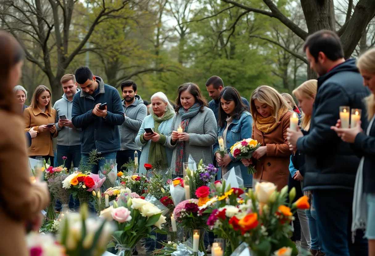 Community members gather in remembrance of a lost child with candles and flowers.
