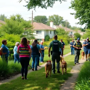 Community members and police searching for a missing boy in a neighborhood