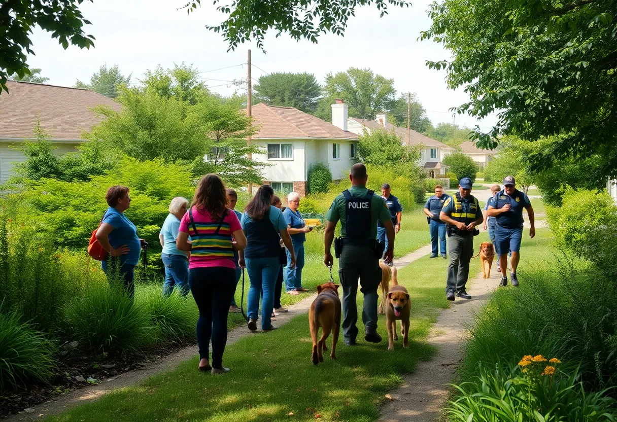 Community members and police searching for a missing boy in a neighborhood