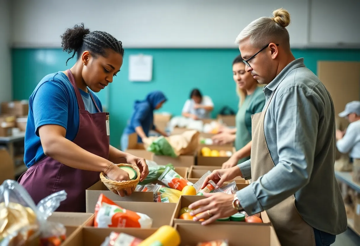 Volunteers at a food bank assisting families amidst proposed SNAP cuts