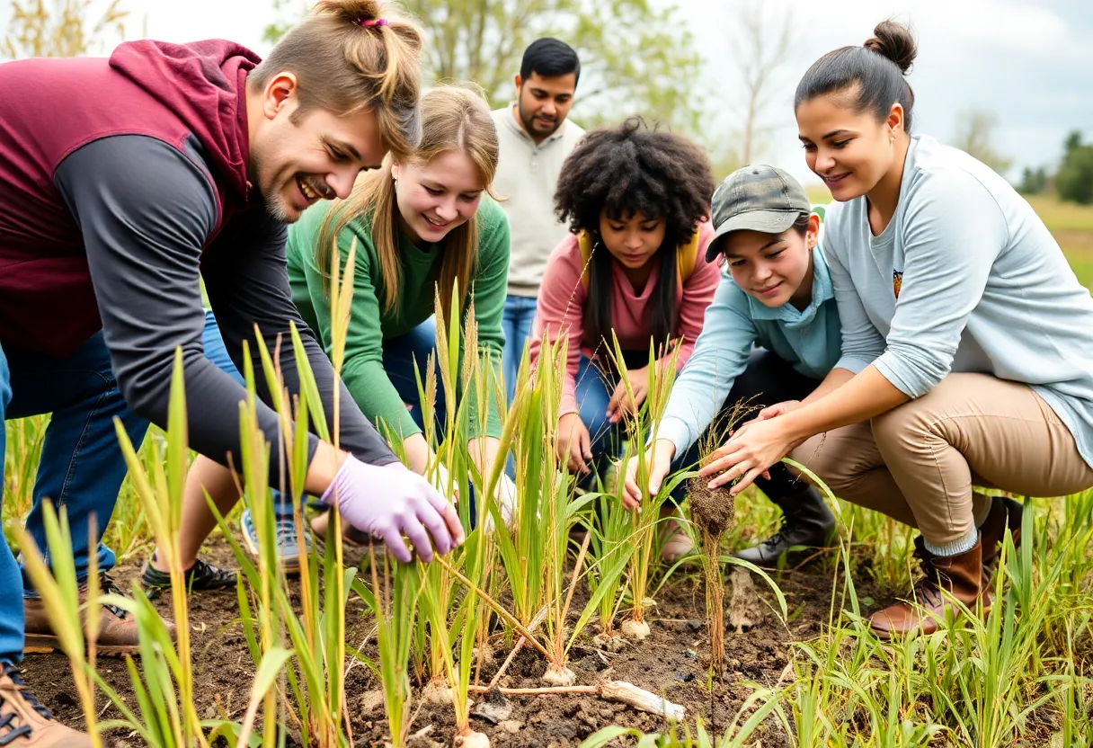 Volunteers planting marsh grasses in Louisiana