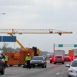 Scene of a construction crane hijacking on Interstate 10 with traffic and police response.