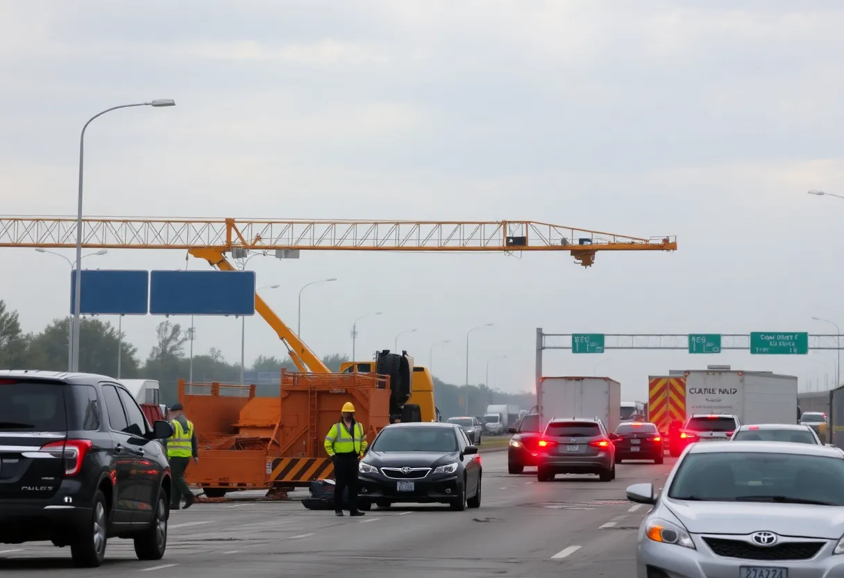 Scene of a construction crane hijacking on Interstate 10 with traffic and police response.