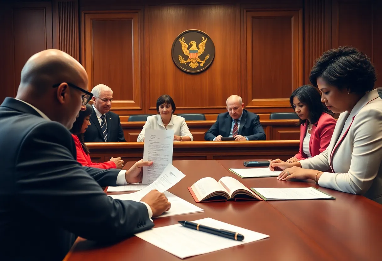 Judges discussing redistricting maps in a courtroom