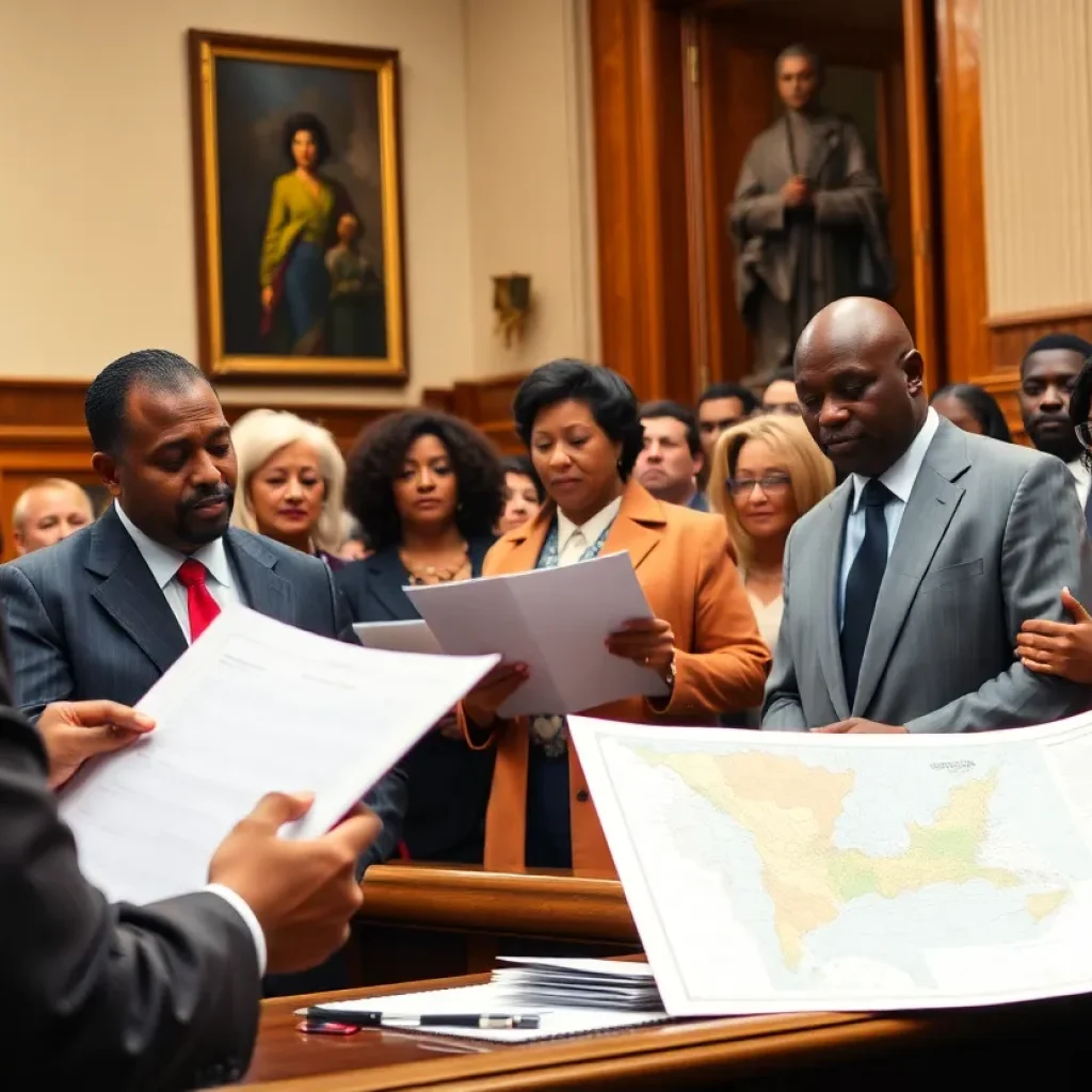 Diverse individuals in a courtroom discussing voting rights.