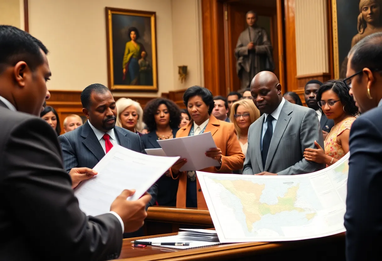 Diverse individuals in a courtroom discussing voting rights.
