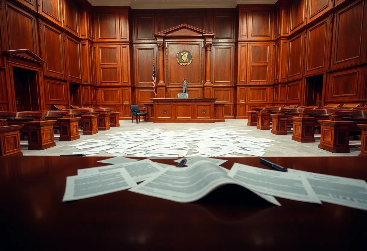 Empty courtroom symbolizing legal proceedings and seriousness