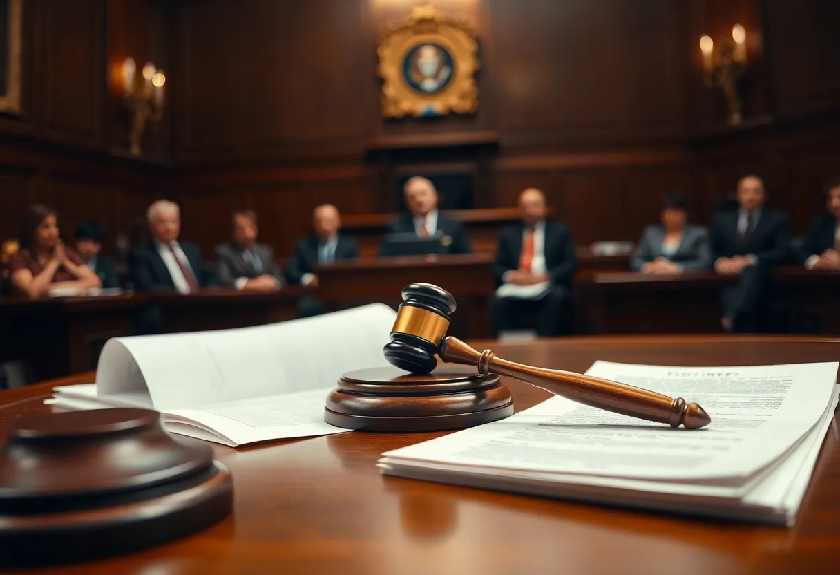 Courtroom depicting the indictment of a mayor
