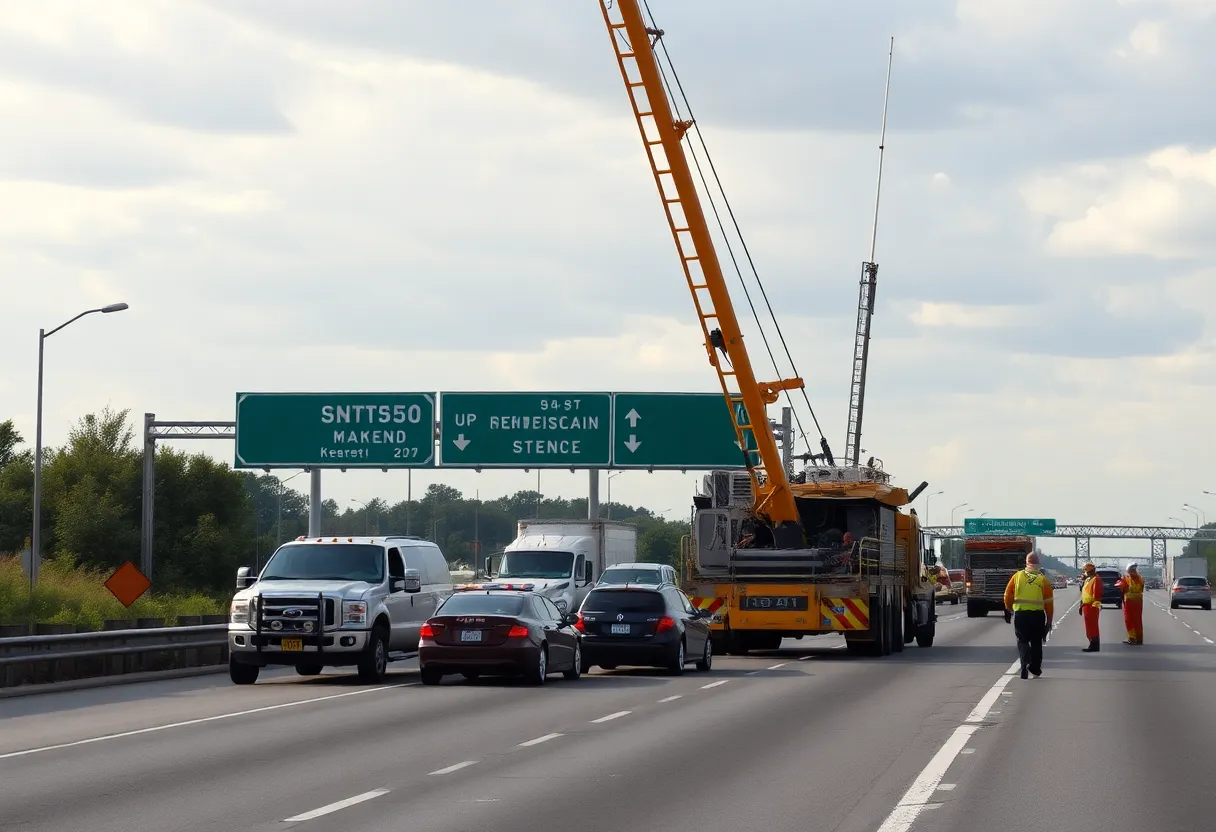 Construction crane obstructing highway with damaged vehicles