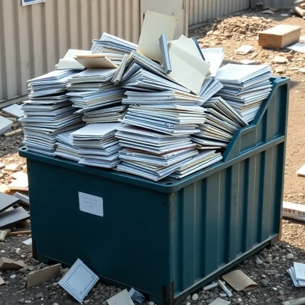 A debris field with court documents carelessly thrown in a container at a maintenance yard.