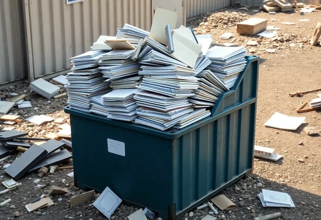 A debris field with court documents carelessly thrown in a container at a maintenance yard.