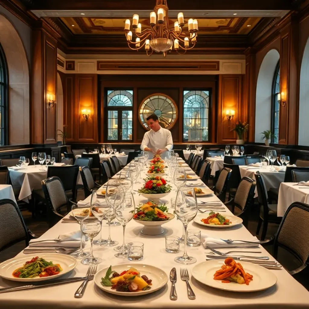 Elegant dining setup at Emeril's Restaurant with gourmet dishes
