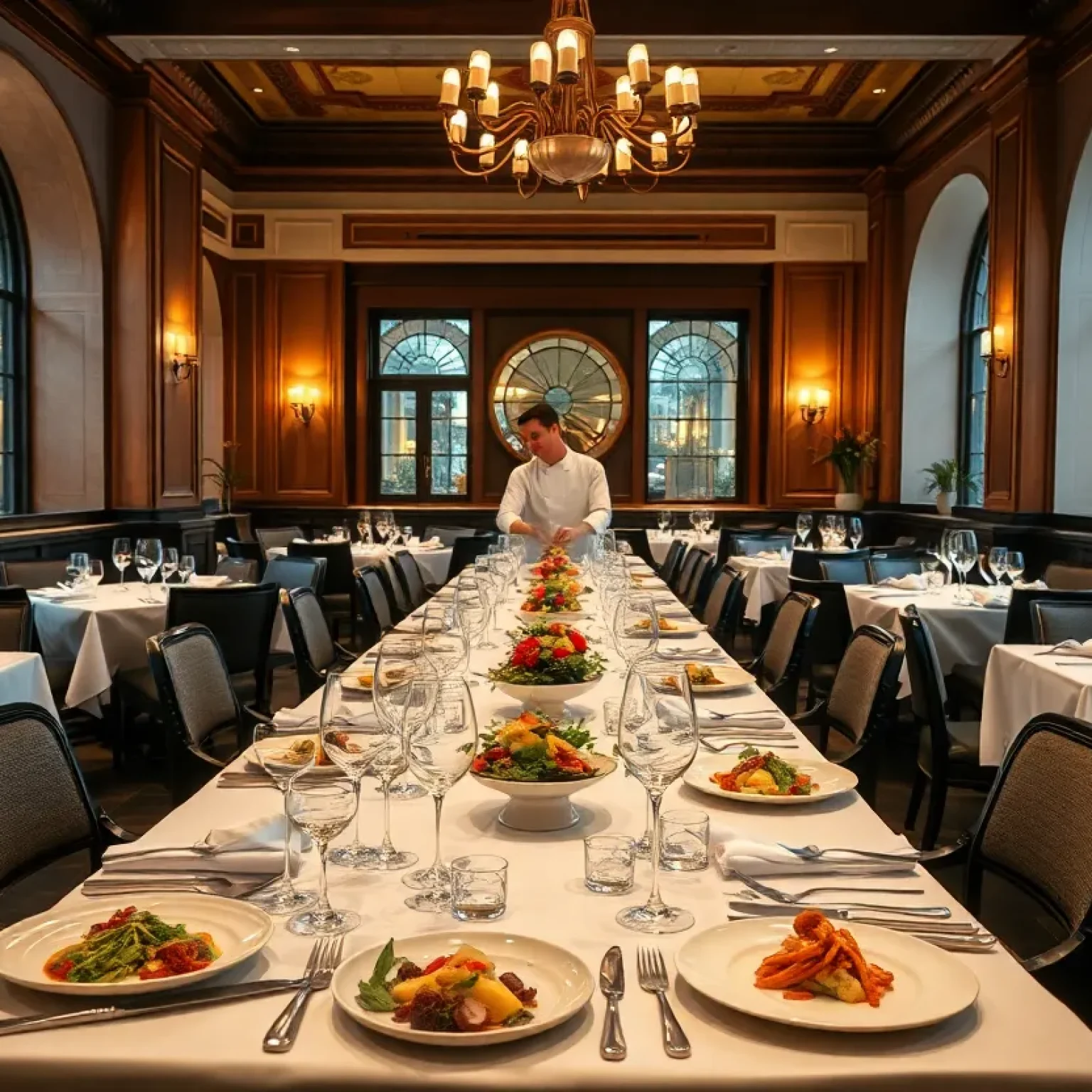 Elegant dining setup at Emeril's Restaurant with gourmet dishes