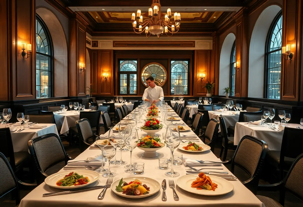 Elegant dining setup at Emeril's Restaurant with gourmet dishes