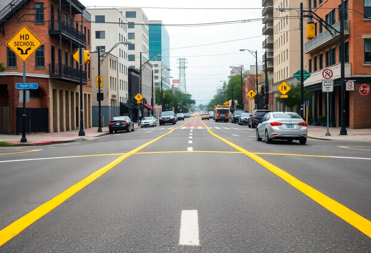 Newly installed yellow stripes and signage in a school zone