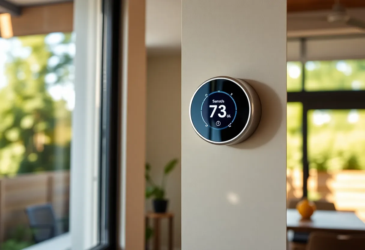 Smart thermostat in a living room with a sunny summer view