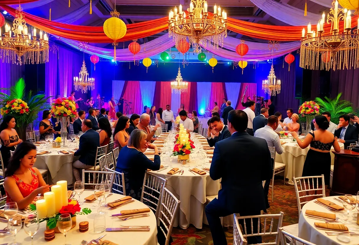 Guests enjoying the 2025 Excelencia Gala with Colombian cultural decorations