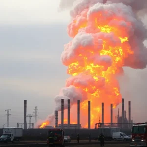 Flames and smoke rising from Smitty's Supply after the explosion