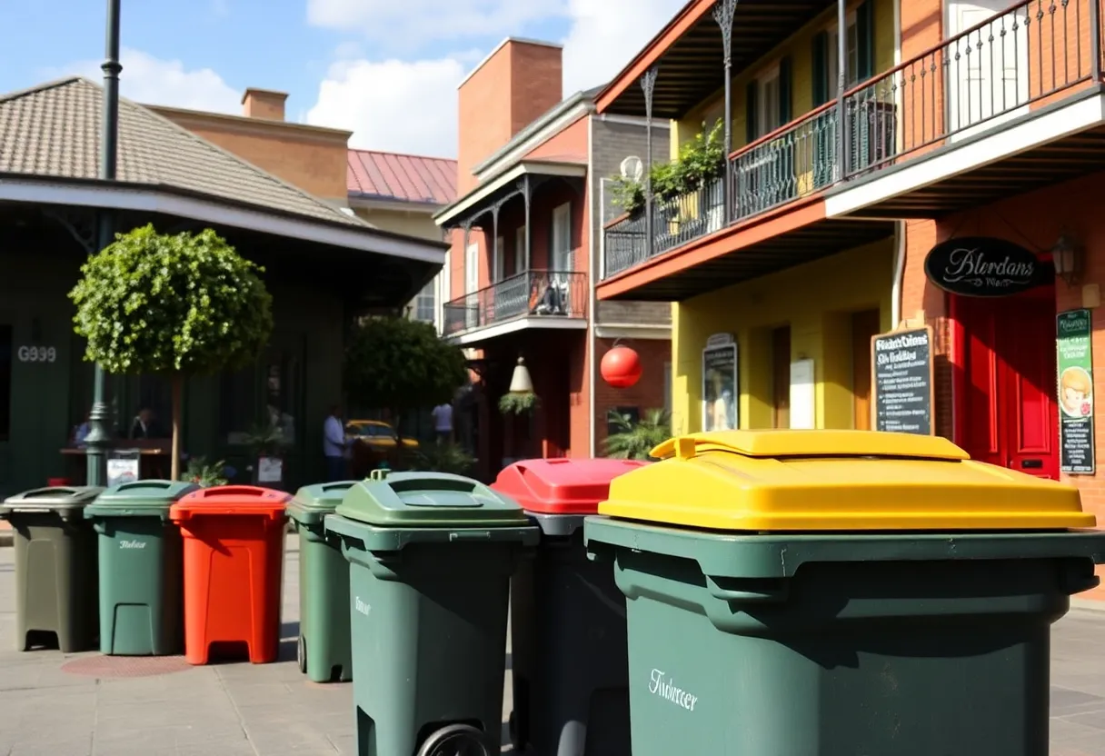 View of the French Quarter with trash bins and local businesses