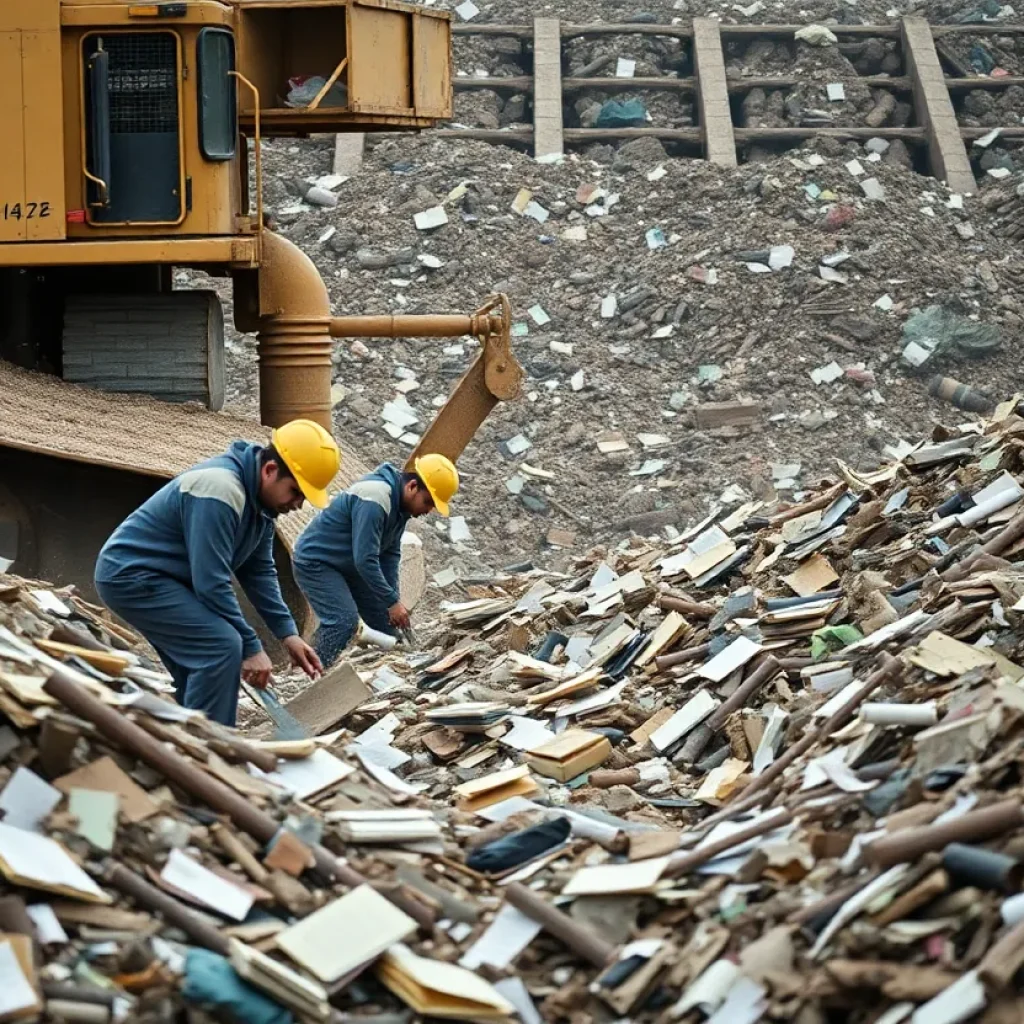 Workers searching through a landfill for sensitive court records.
