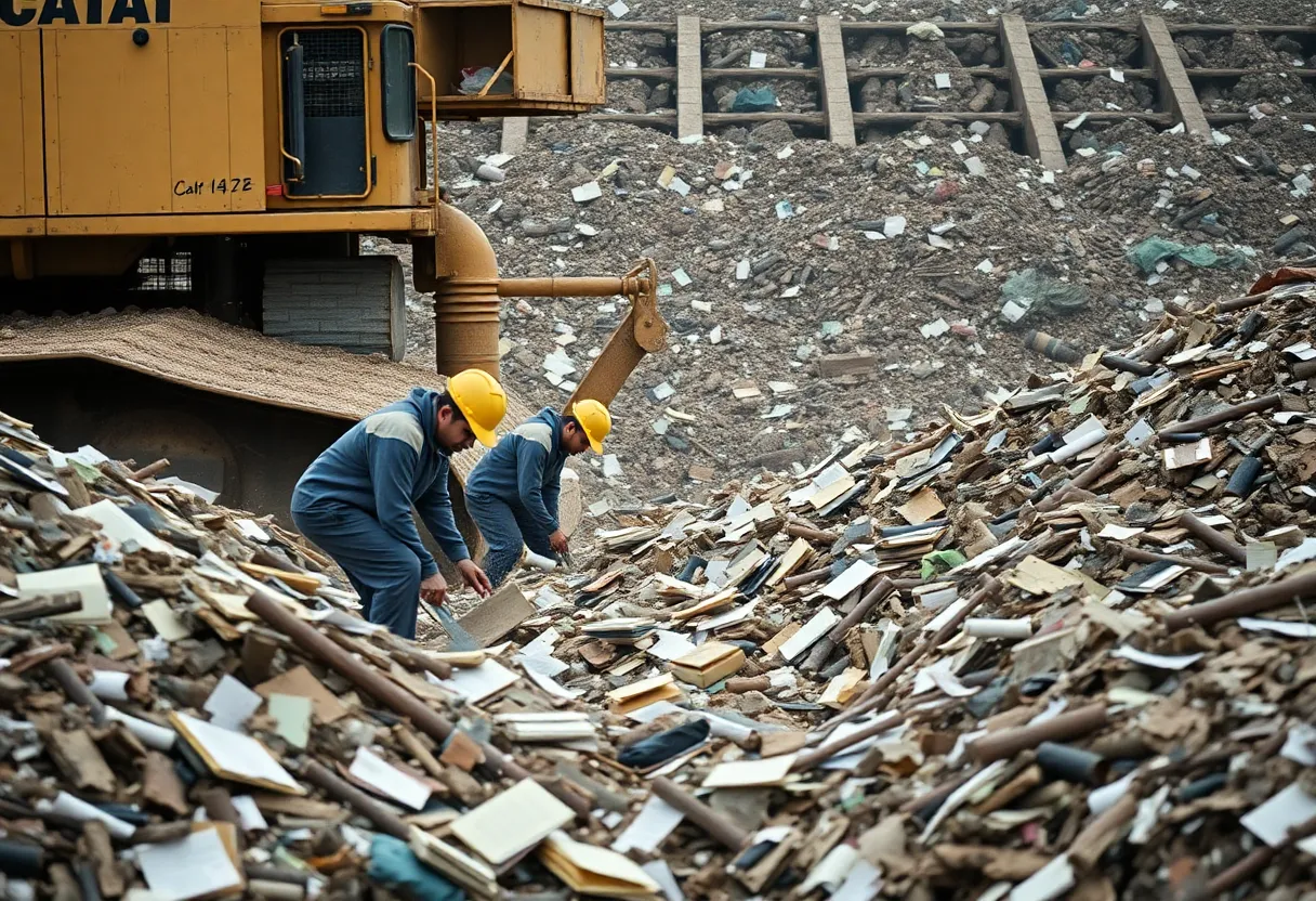 Workers searching through a landfill for sensitive court records.
