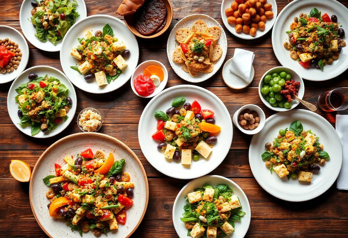 Assorted small plates for Girl Dinner featuring salads and cheeses.