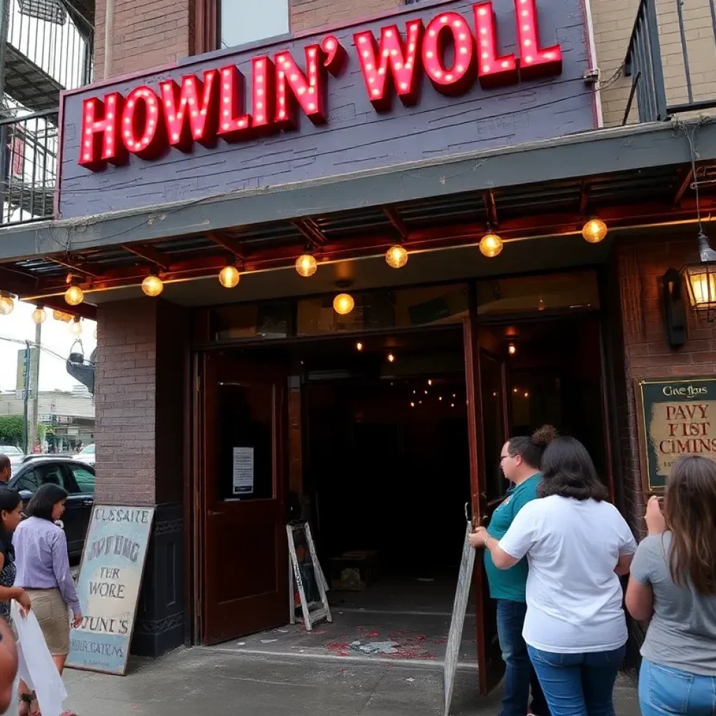 Damage to The Howlin' Wolf entrance after a car crash.