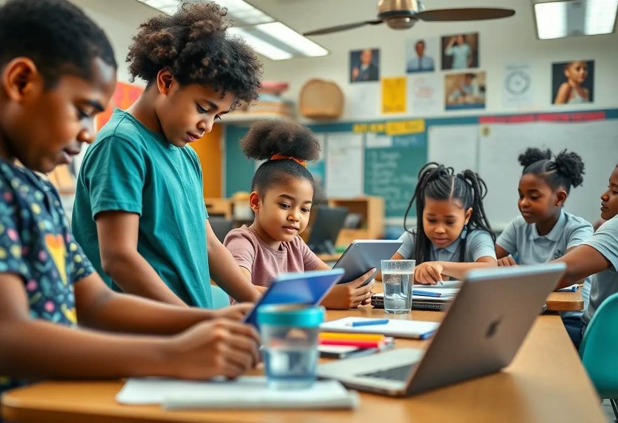 Students participating in modern educational activities in a New Orleans classroom.