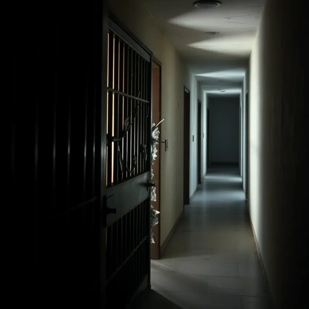 A broken jail cell door representing a recent escape incident.